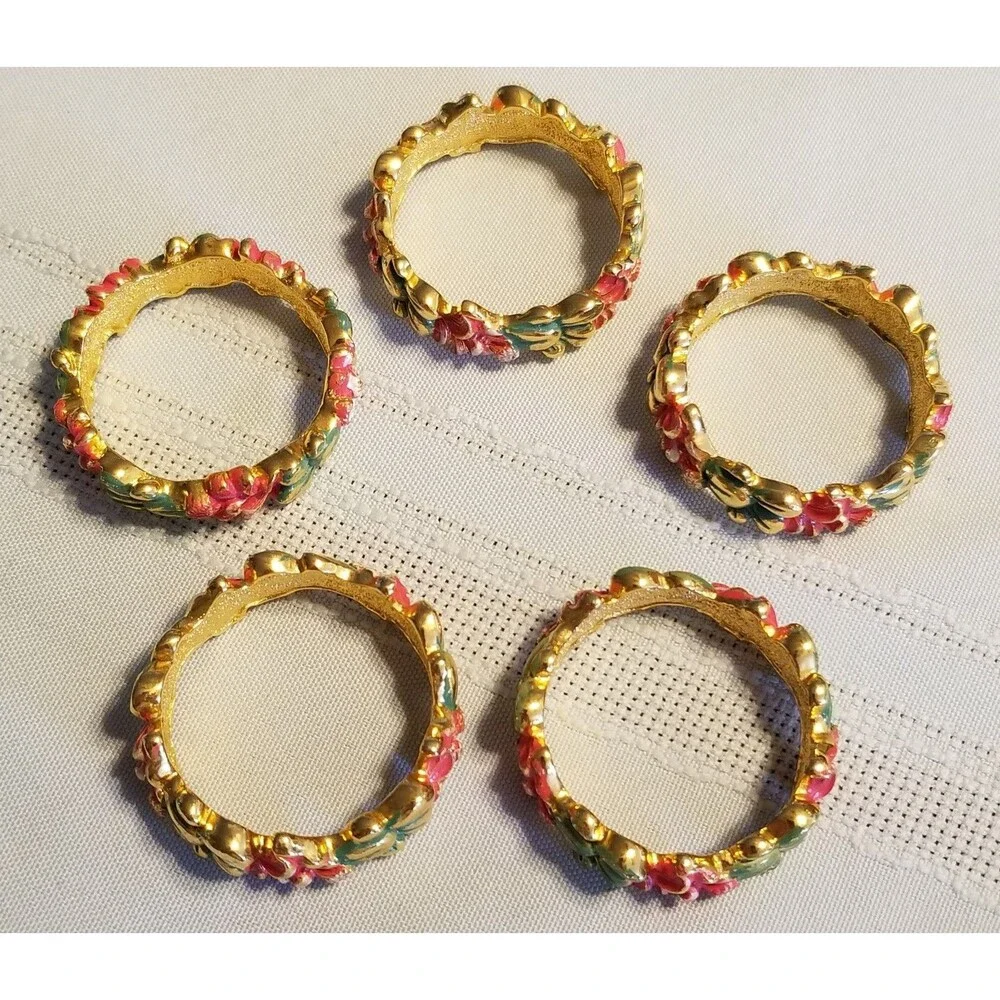 Hand‑Painted Gold Floral Napkin Rings Set of 5 – Vintage Style